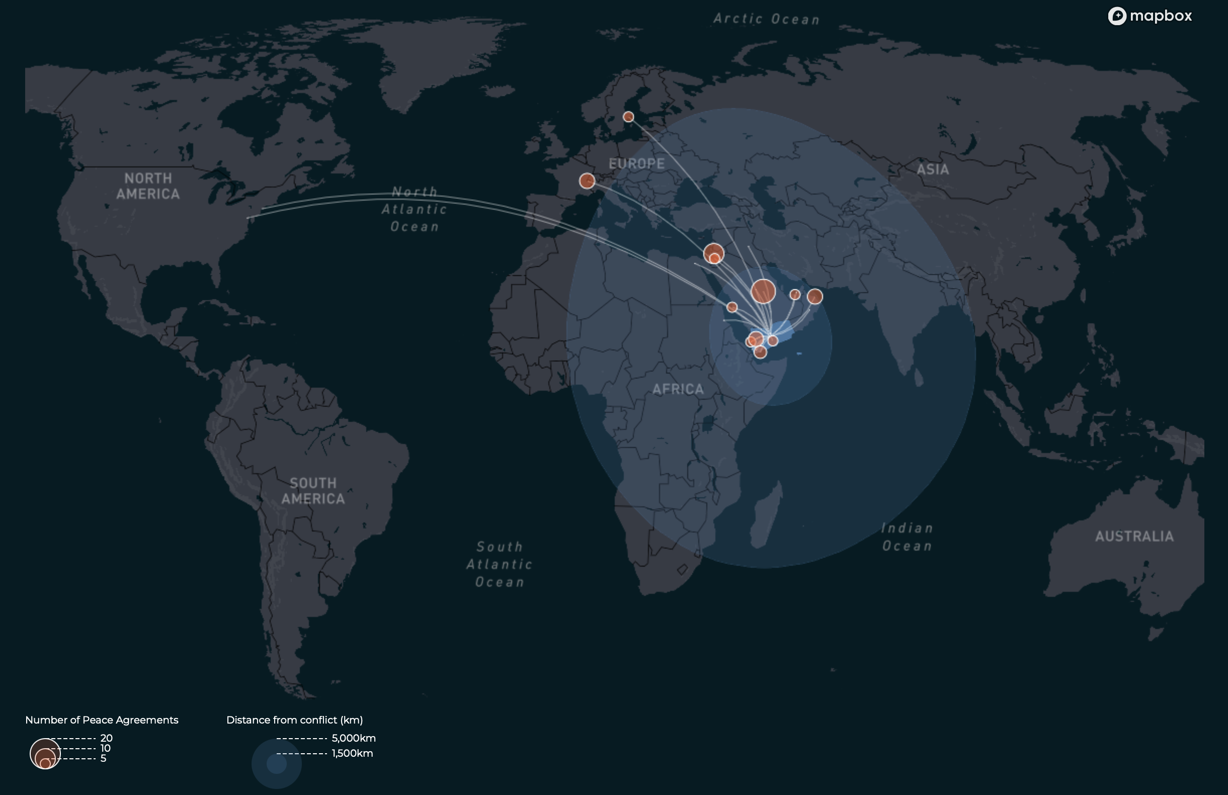 Map of the world with links between mediation locations and conflict location in Yemen.